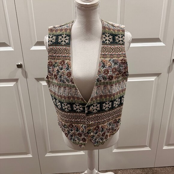 Vintage tapestery embroidery holiday vest size small snowmen, snowflakes, winter - Picture 1 of 5